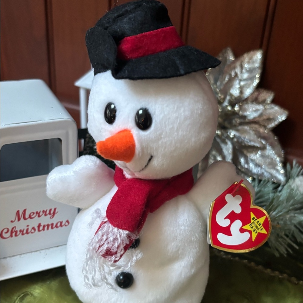 TY Snowman Plush with Red Scarf and Black Hat tag errors🧑‍🎄